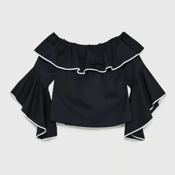 MaxSport Off The Shoulder Poplin Ruffle Frill Sleeve Top Dark Gray Size XL - Picture 1 of 5